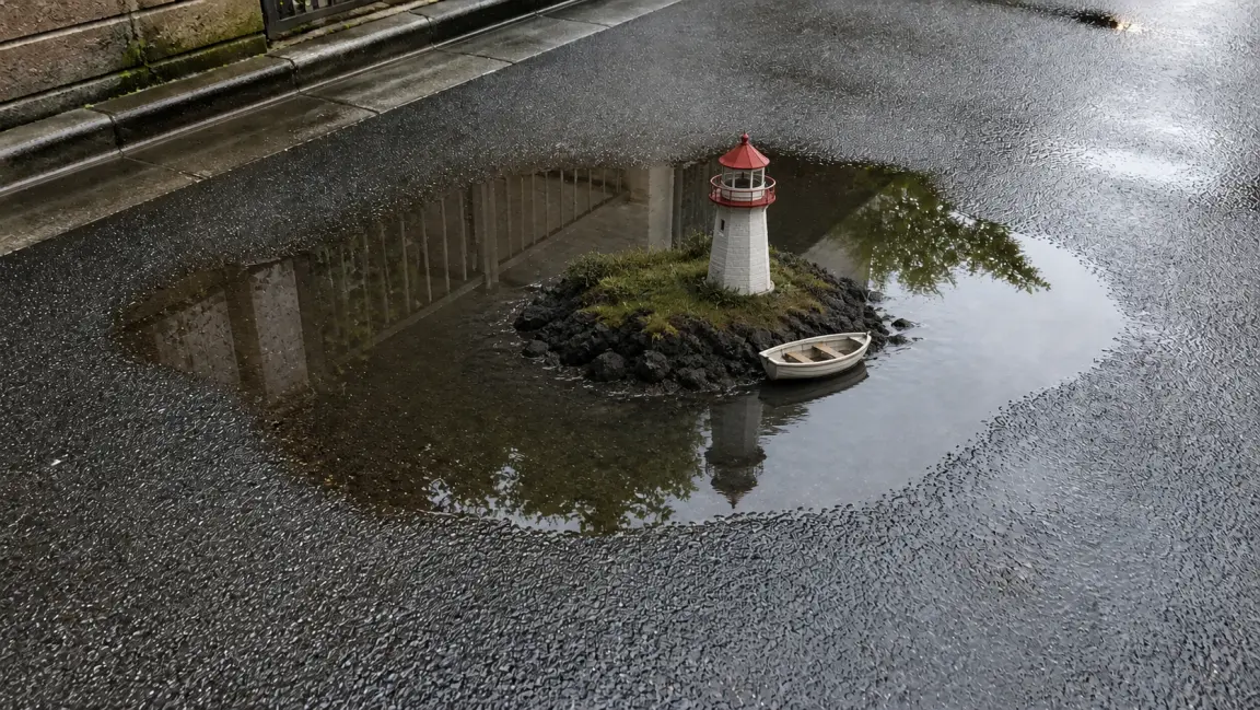 雨后水洼中出现灯塔与小船微缩浮岛的编辑样图