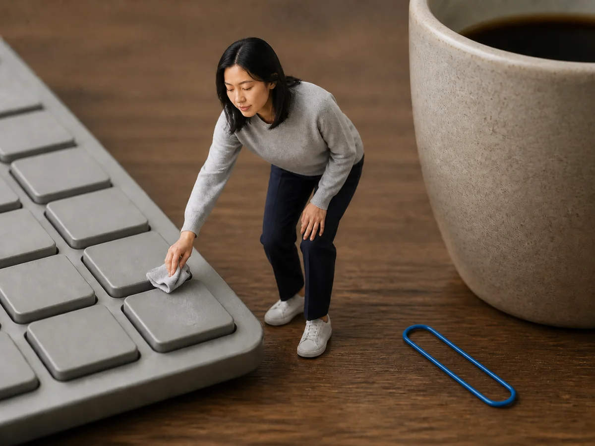 迷你人物在咖啡杯旁擦拭键盘的样图