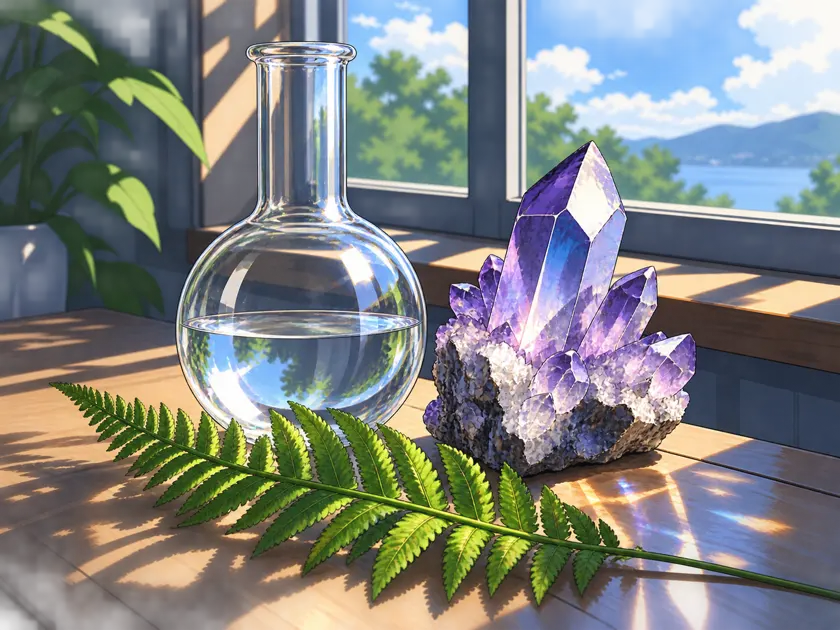 日式赛璐璐动画呈现的透明烧瓶、矿物晶体和蕨叶组成的静物