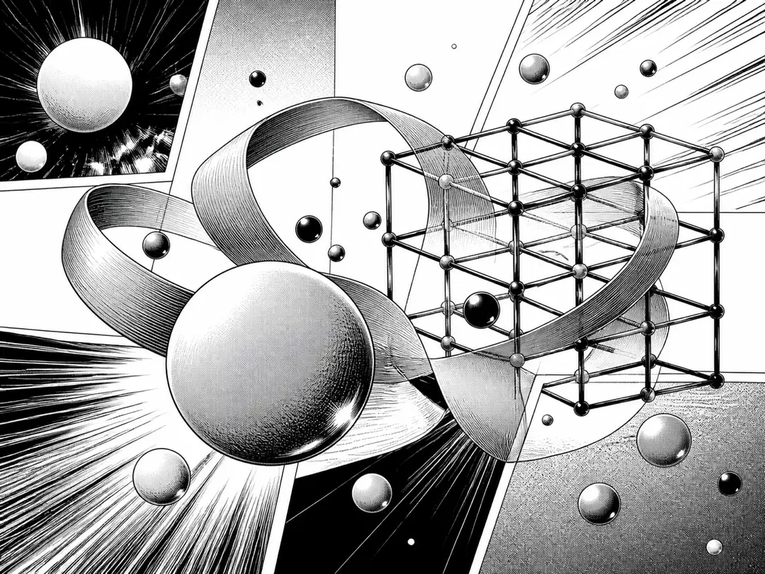黑白漫画呈现的球体、飘带和晶格组成的抽象构图