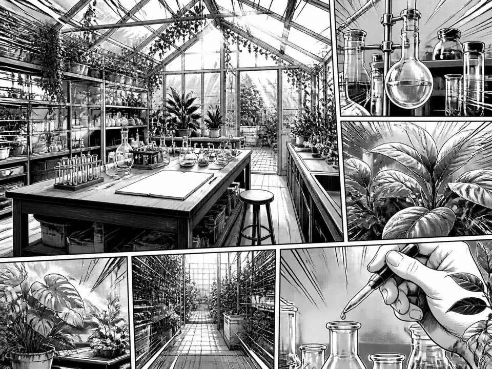 黑白漫画呈现的兼作温室的小型研究工作室