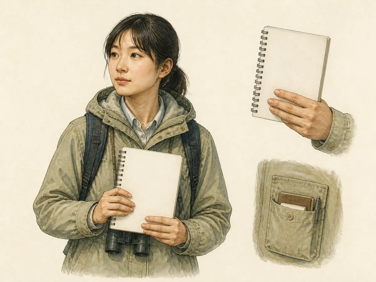 博物学图谱生成科学结构示意(非真实数据):手持空白笔记本的青年研究者半身像