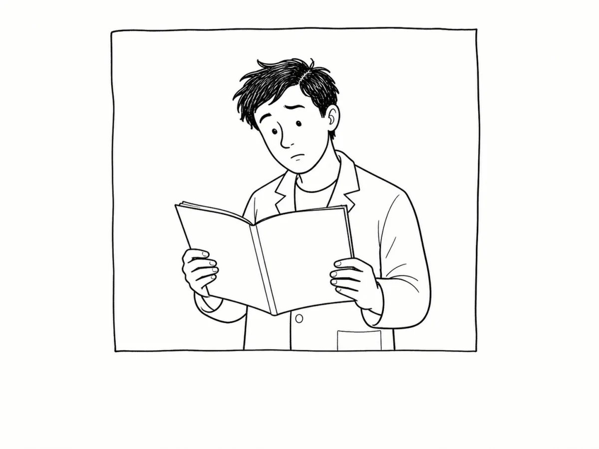 杂志单格极简线描呈现的手持空白笔记本的青年研究者半身像
