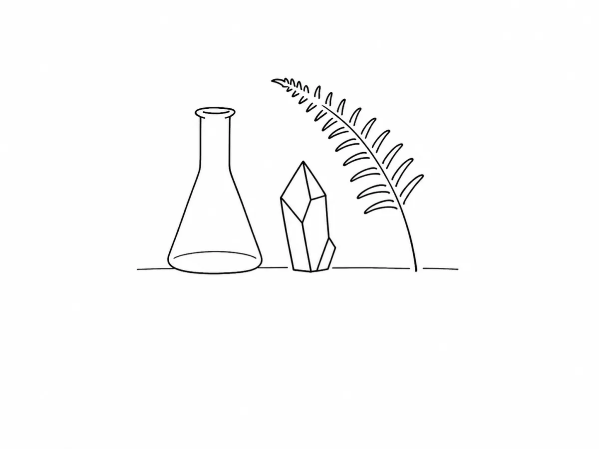 杂志单格极简线描呈现的透明烧瓶、矿物晶体和蕨叶组成的静物
