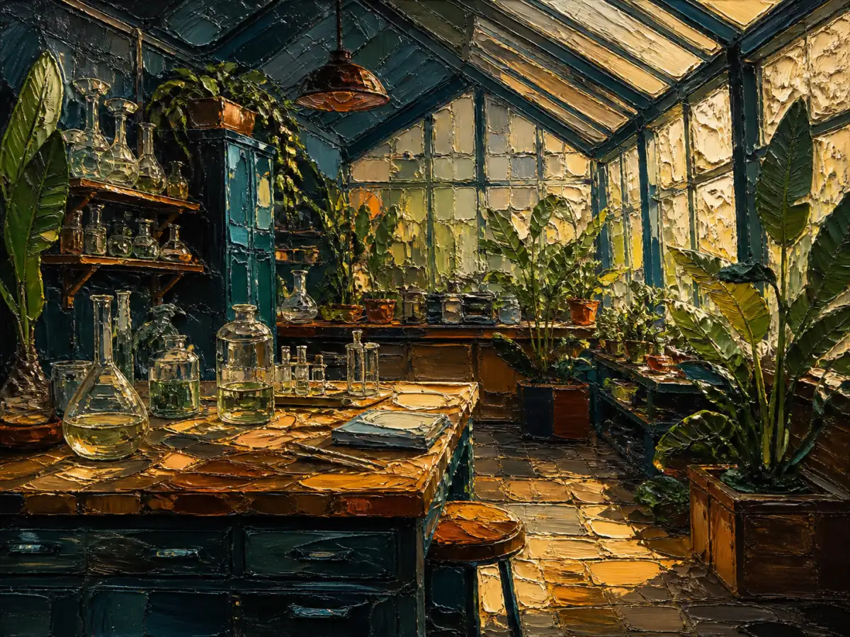 油画厚涂呈现的兼作温室的小型研究工作室