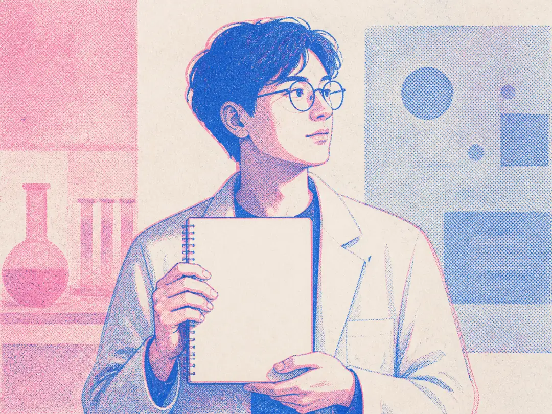 孔版速印呈现的手持空白笔记本的青年研究者半身像
