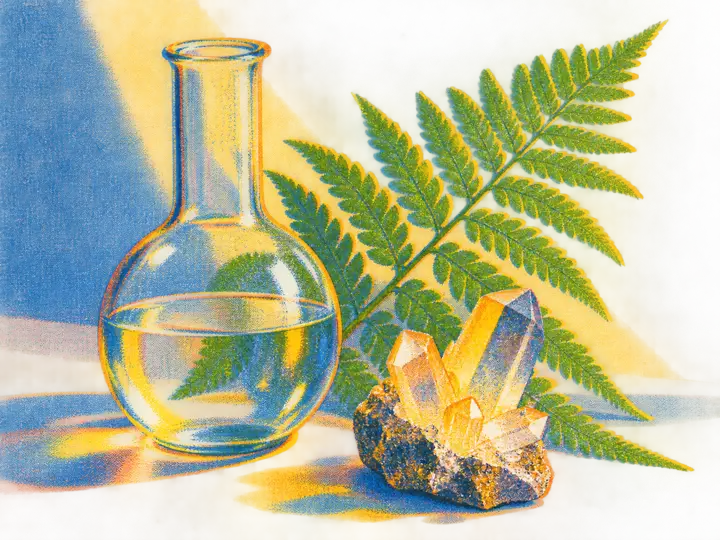 孔版速印呈现的透明烧瓶、矿物晶体和蕨叶组成的静物