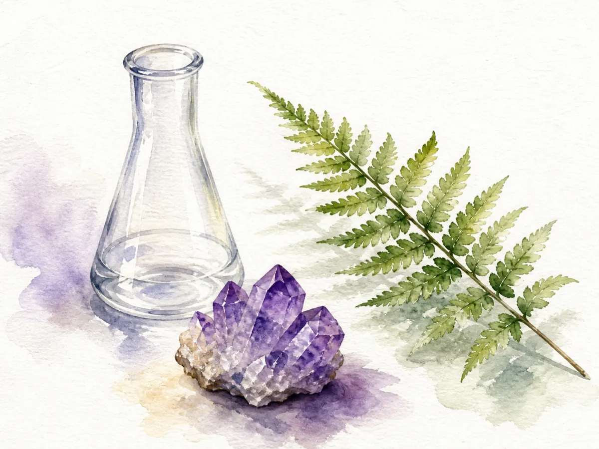 水彩呈现的透明烧瓶、矿物晶体和蕨叶组成的静物