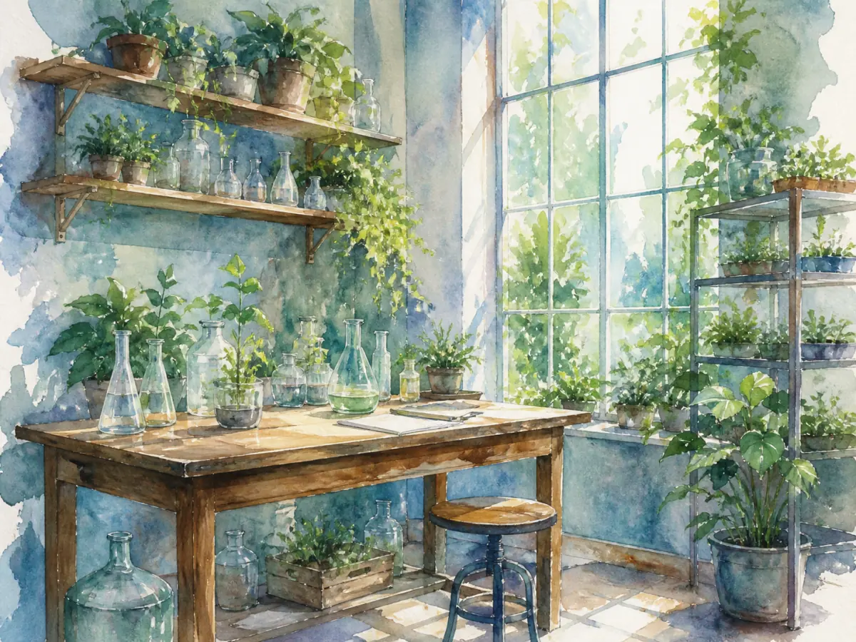 水彩呈现的兼作温室的小型研究工作室