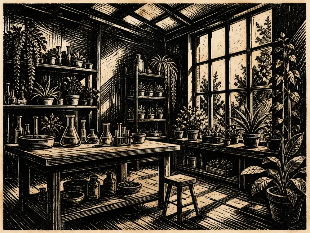 木刻呈现的兼作温室的小型研究工作室